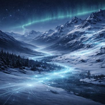 Schneebedeckter Alpen-Gipfel mit digitalen Datenlinien.