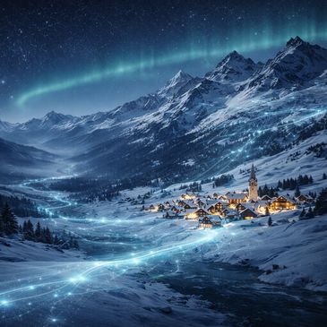 Schneebedeckter Alpen-Gipfel mit digitalen Datenlinien und Dorf