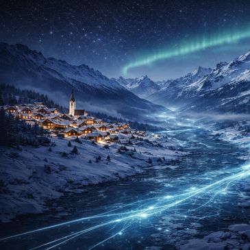 Schneebedeckter Alpen-Gipfel mit digitalen Datenlinien und Dorf