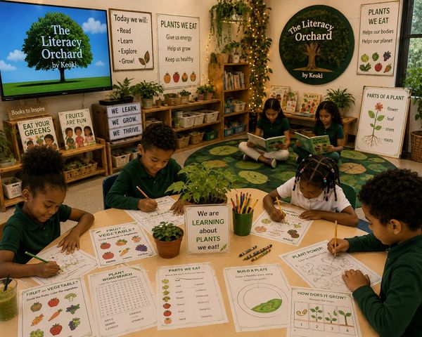 Children engaged in plant-themed literacy activities in a vibrant classroom.