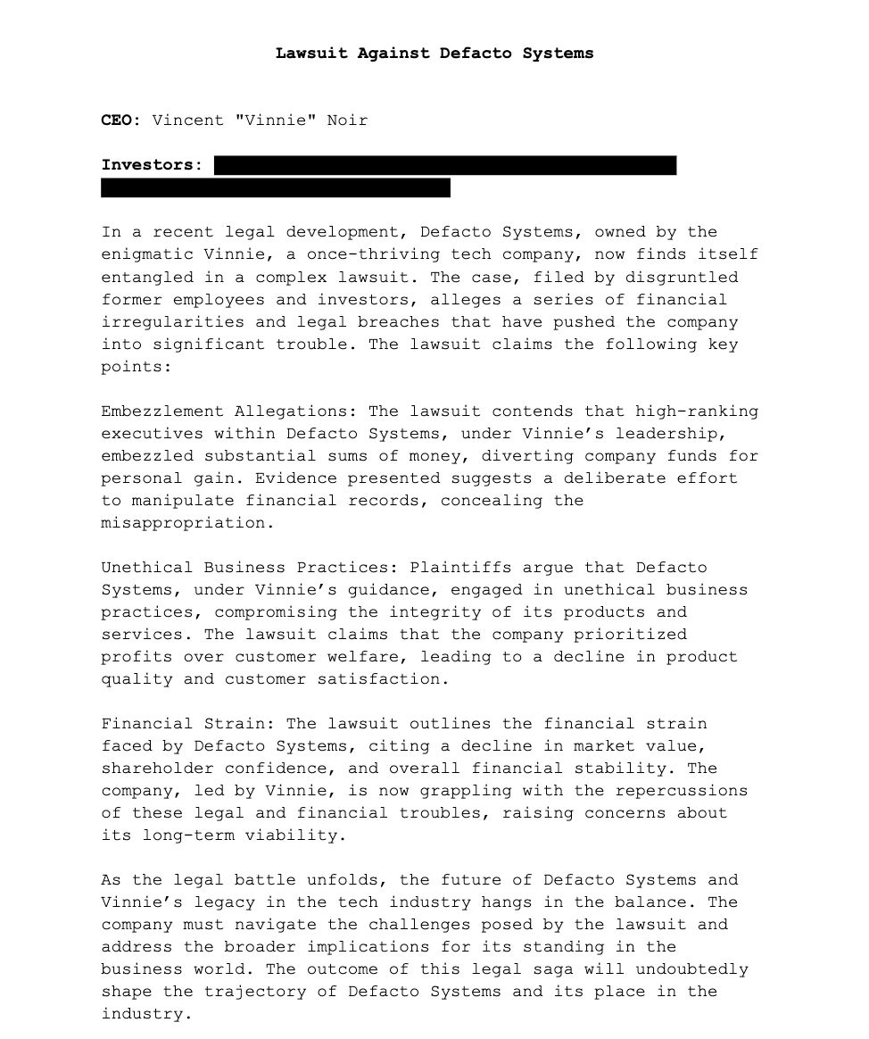 Lawsuit filed against Defacto Systems and CEO Vinnie Noir over financial misconduct.