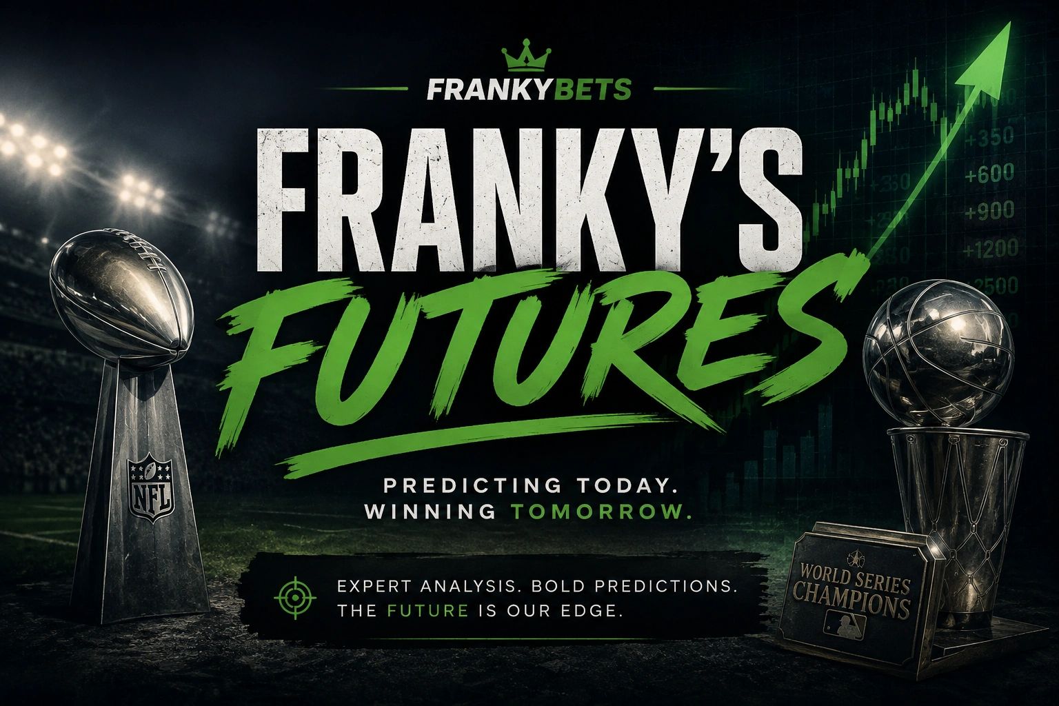 Franky's Futures sports prediction advertisement with NFL and MLB trophies.