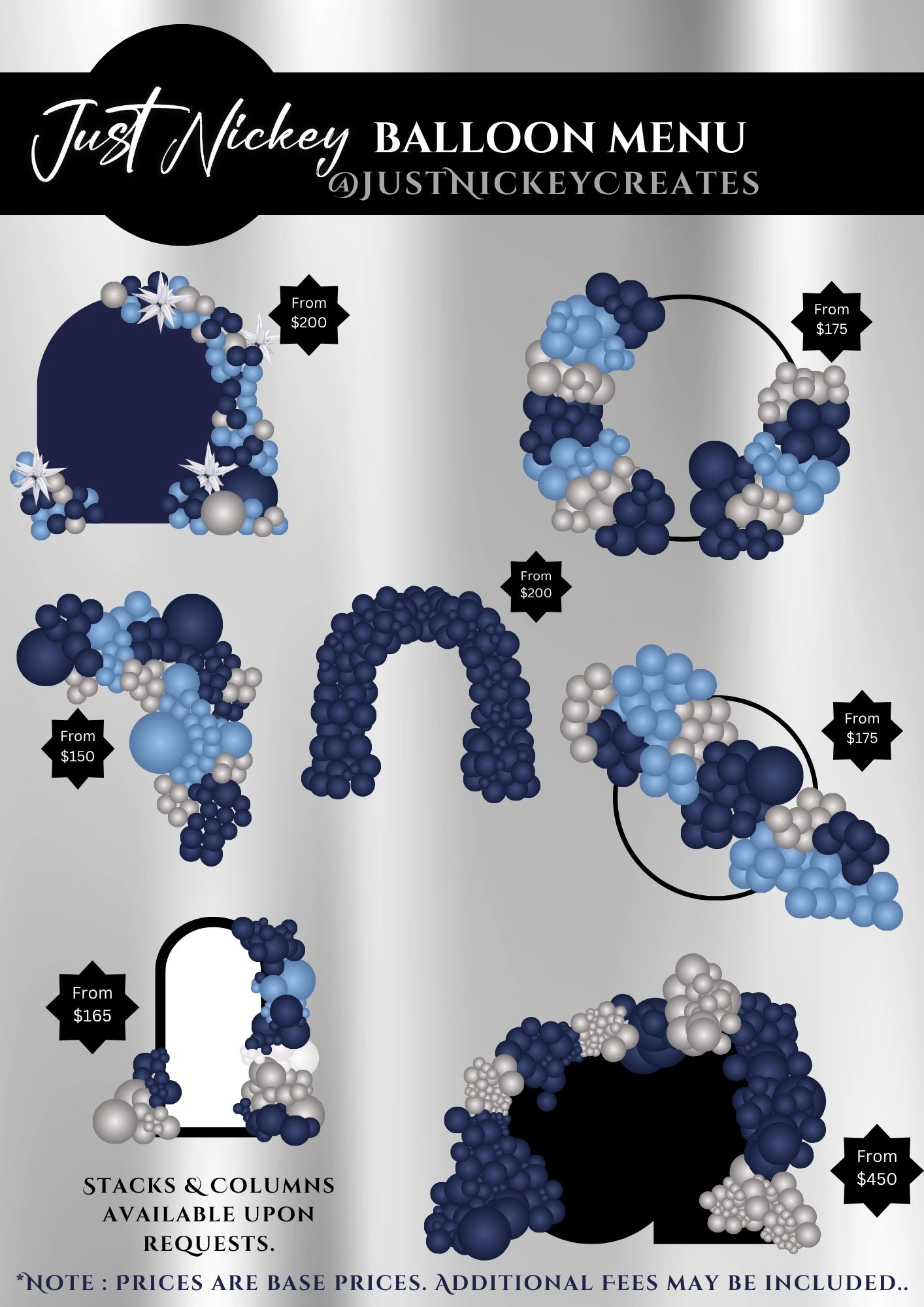 Just Nickey balloon decor menu with prices for various blue and silver balloon arrangements.