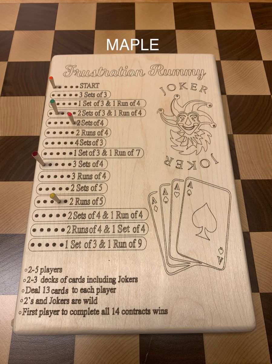 Hardwood Frustration Rummy game board with hardwood pegs.