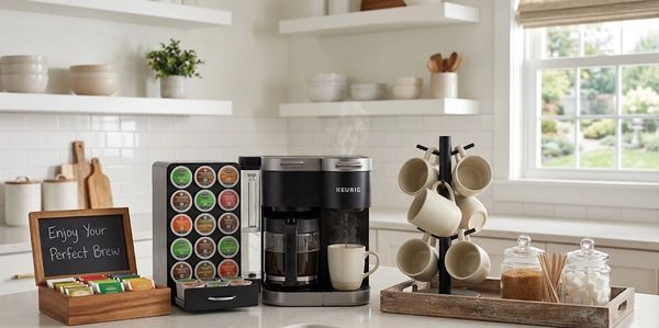 Coffee bar, with keurig duo, mug tree with coffee mugs, k-cup storage, sugar and wooden stirrer stor