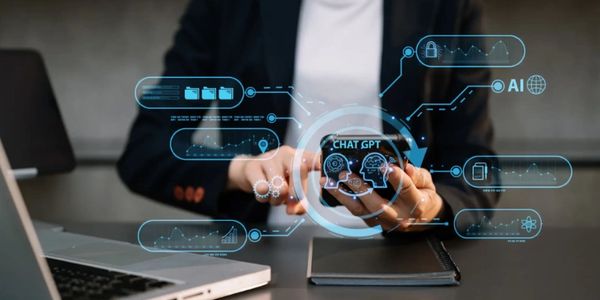 Woman using ChatGPT for AI marketing content on her phone