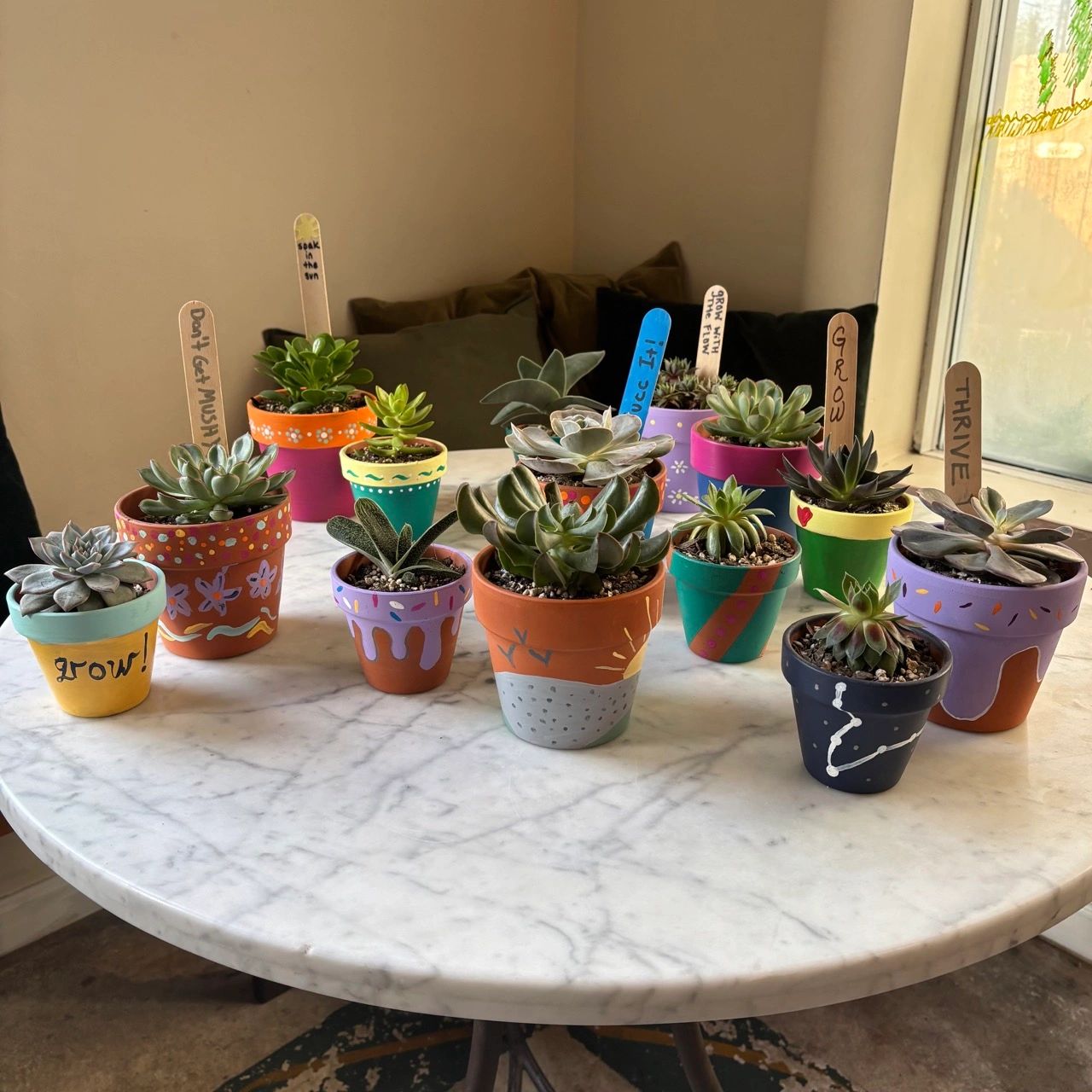 Colorful succulent pots with uplifting messages on a white marble table.