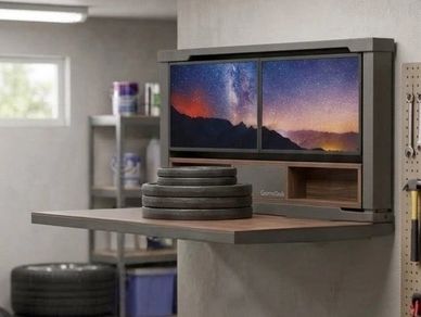 Foldable wall-mounted workstation with weights and dual monitors.