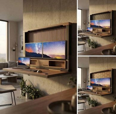 Wall-mounted triple screen workspace with wooden desk.
