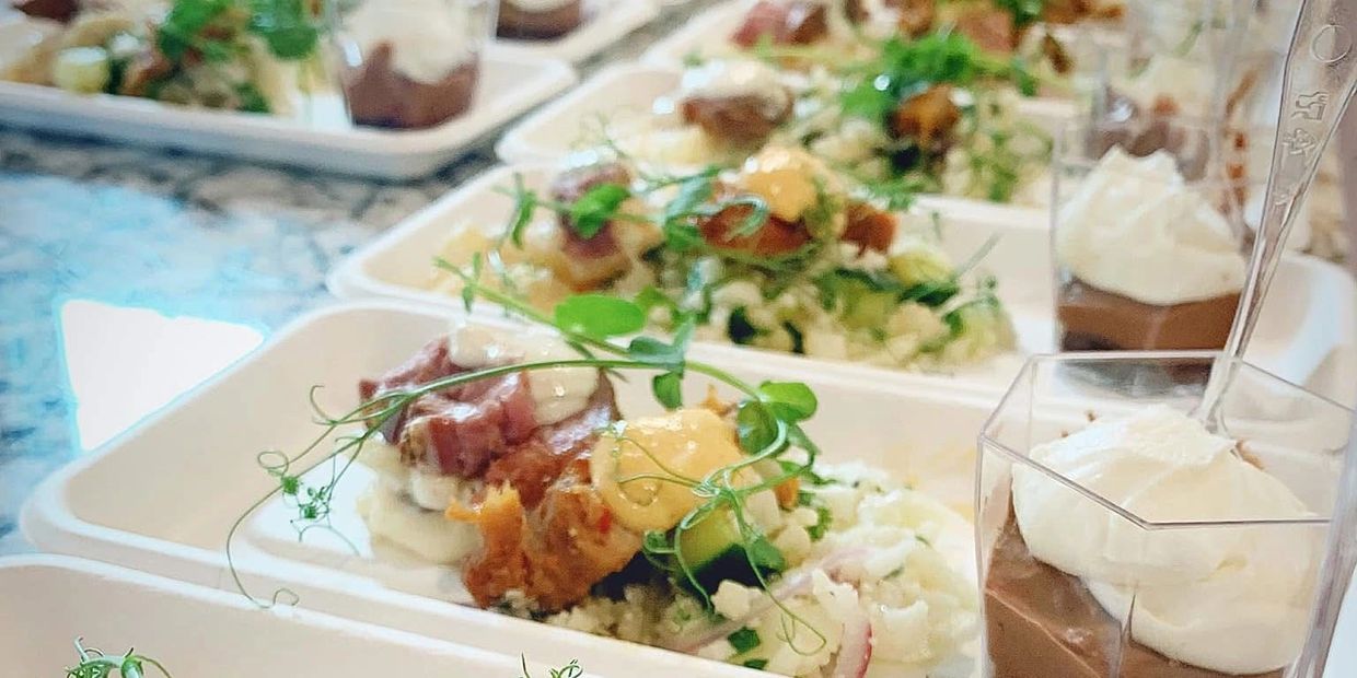 Appetizer with tabbouleh, seared tri tip, and fresh pea tendrils. With a chocolate mousse dessert 