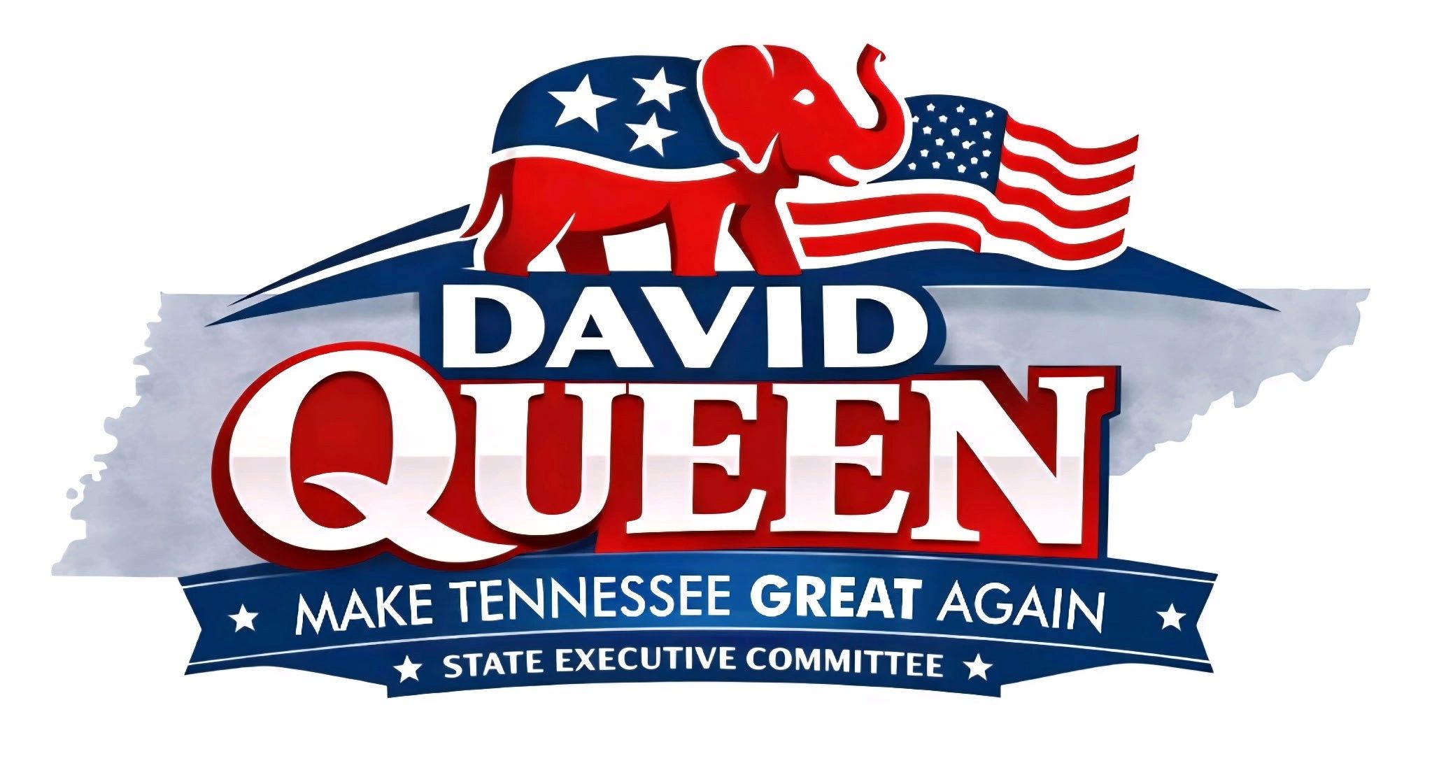 Political campaign logo for David Queen with patriotic themes and Tennessee state outline. It says "Make Tennessee Great Again" and "State Executive Committee"
