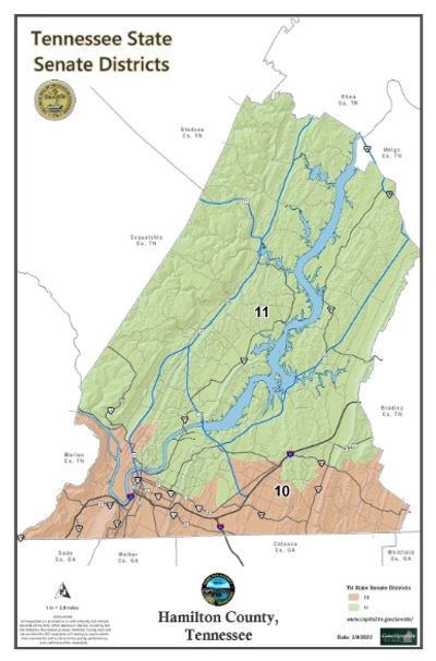 Map showing Tennessee State Senate Districts 10 and 11 in Hamilton County.