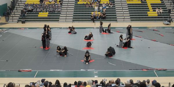 Performers in black costumes pose on a gym floor during a show.