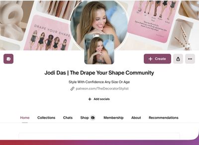 Pinterest profile for Jodi Das's Drape Your Shape community focused on style confidence.