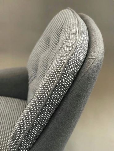 Danish swivel shell chair. Boucle - The Isle Mill. Spot fabric discontinued. 