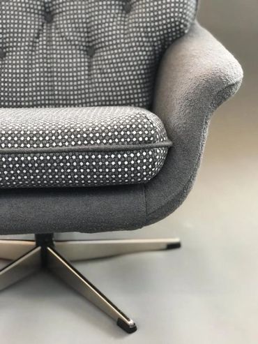 Danish swivel shell chair. Boucle - The Isle Mill. Spot fabric discontinued. 