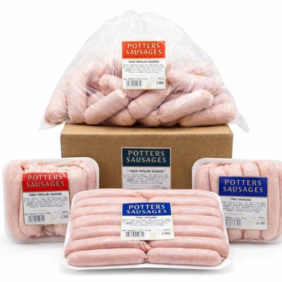 Potters Sausages range, bulk bag, box and trays, fresh pork sausages, labelled, white background