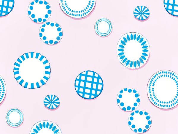 Blue patterned circles on a pink background.