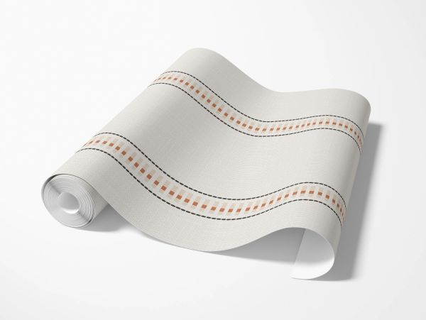 Roll of patterned wallpaper with beige and black lines.