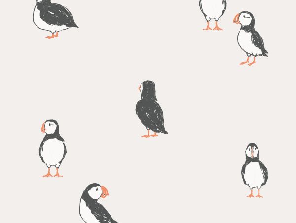 Pattern of hand-drawn puffins on a light background.