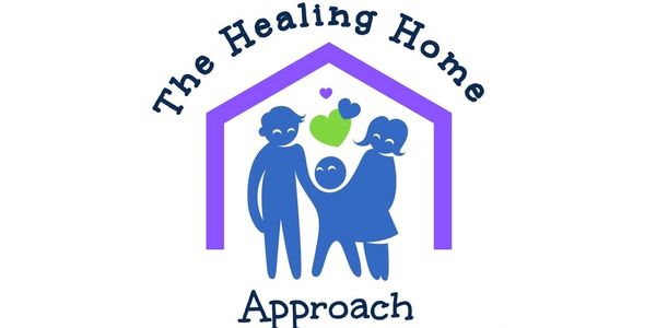 Logo of The Healing Home Approach with a family and green apple inside a purple house.