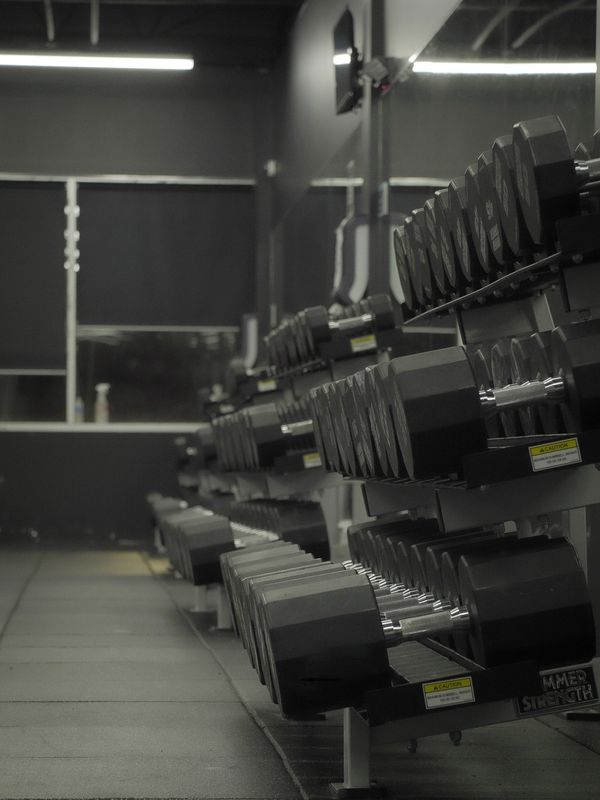 Various sets of fully stacked dumbell racks. Ranges from sets of 5lbs to sets of 150lbs.