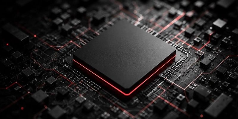 Close-up of a black microchip with red glowing edges on a circuit board.