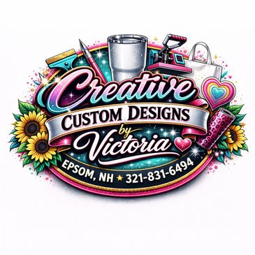 Colorful logo for Creative Custom Designs by Victoria with art tools and sunflowers.