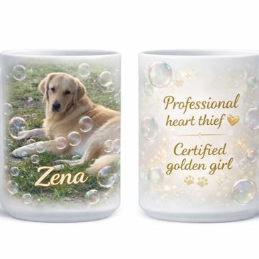 A white mug featuring a golden retriever named Zena and the phrase "Professional heart thief, Certified golden girl."