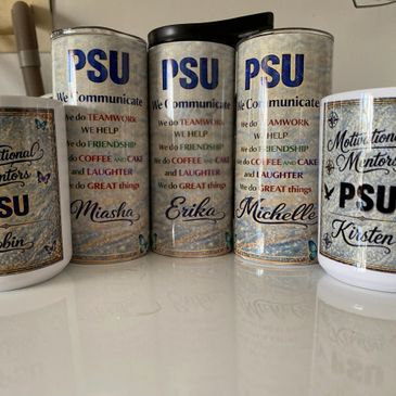Personalized PSU mugs and tumblers with motivational messages and names.