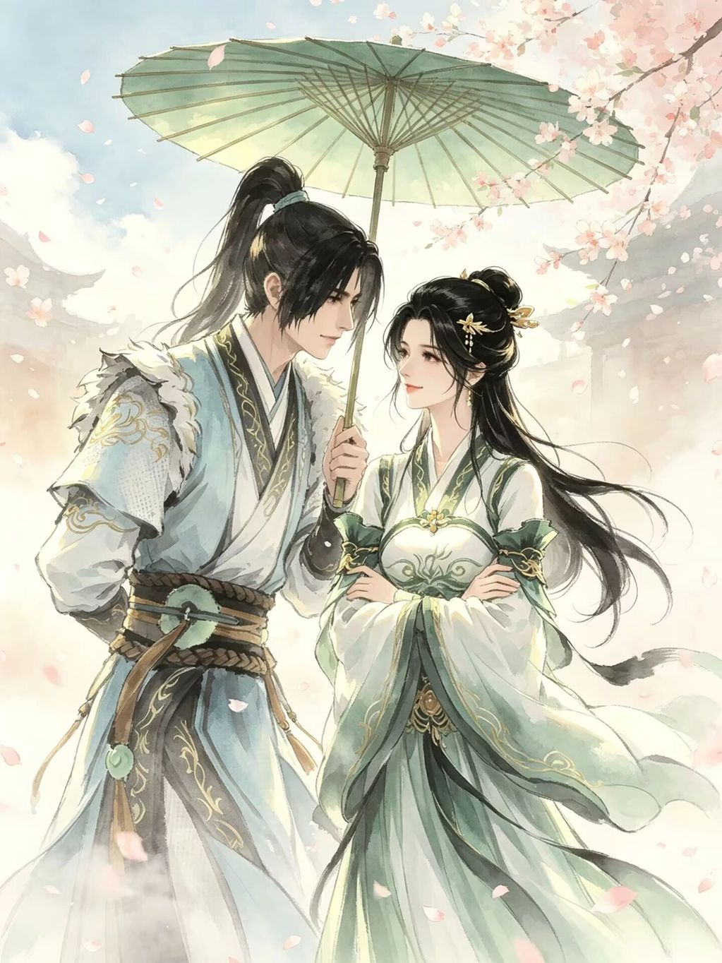 古装男女共撑油纸伞，樱花飘落。