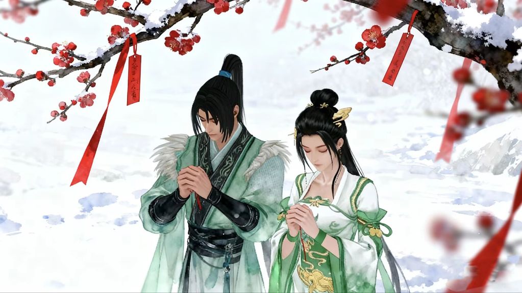 雪中梅花下古风男女祈祷场景。