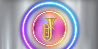 Jazz genre image for ads featuring a gold tuba centered in glowing neon rings.