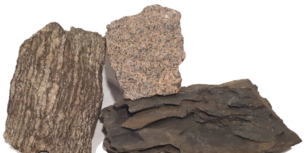 Metamorphic rocks, igneous rocks, sedimentary rocks.
Gneiss, syenite and shale (slate).