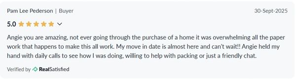 A positive 5-star review praising Angie for support during home buying.