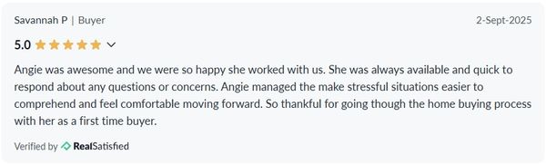 Positive 5-star review praising Angie for excellent support in home buying.