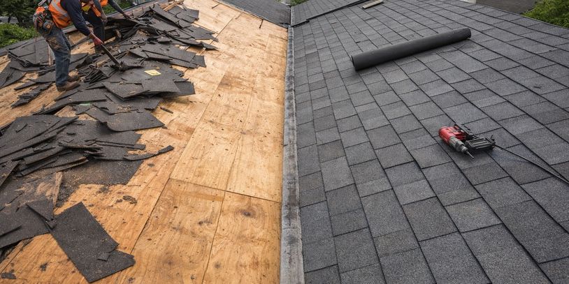 Installing new shingles over an old roof.