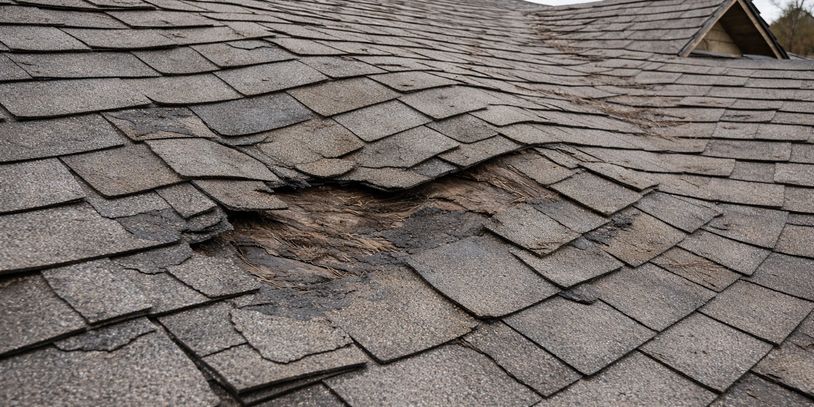 Damaged roof shingles with a large hole exposing the underlying wood.