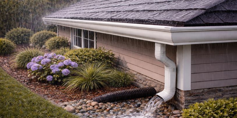 Rainwater flows from a house downspout into a landscaped drainage area with rocks and plants.
