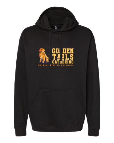 Black hoodie with a Golden Tails Gathering logo and dog illustration.