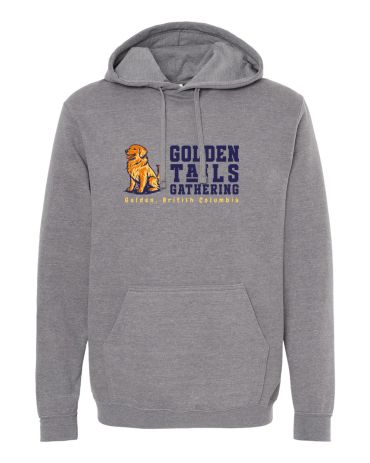 Gray hoodie with a golden retriever and 'Golden Tails Gathering' text.
