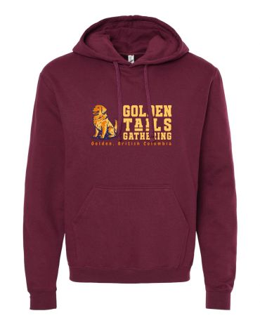 Maroon hoodie with Golden Tails Gathering logo and golden retriever image.
