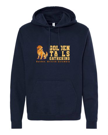 Navy blue hoodie with gold retriever and text print.