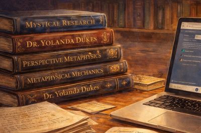 Stack of antique metaphysical books by Dr. Yolanda Dukes beside a laptop on a wooden desk.