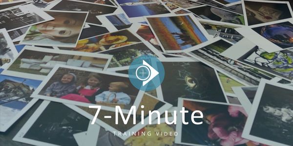 A collection of printed photos with a 7-minute training video overlay.