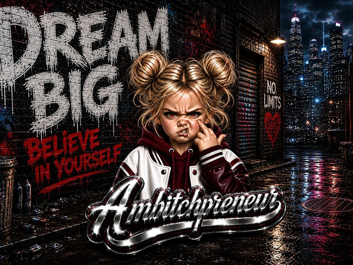 A determined girl with buns in her hair stands in a graffiti-filled alley at night.