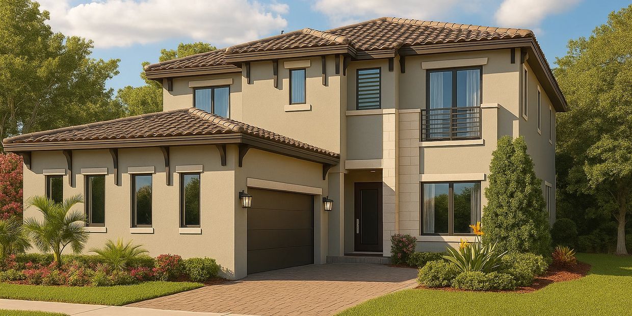Modern two-story house with beige stucco and tiled roof.