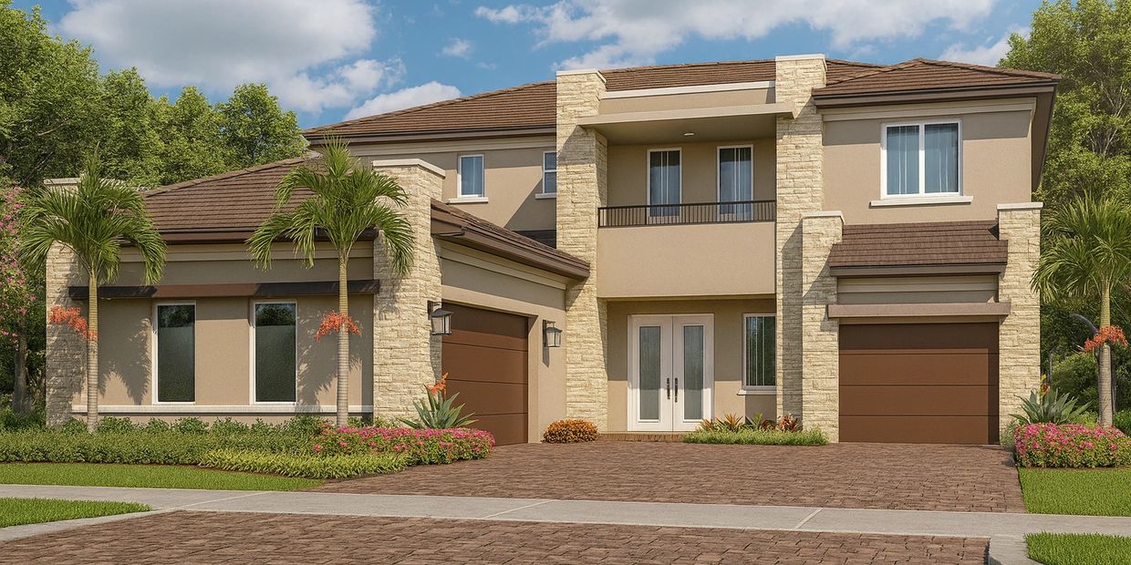 Modern two-story house with palm trees and a brick driveway.
