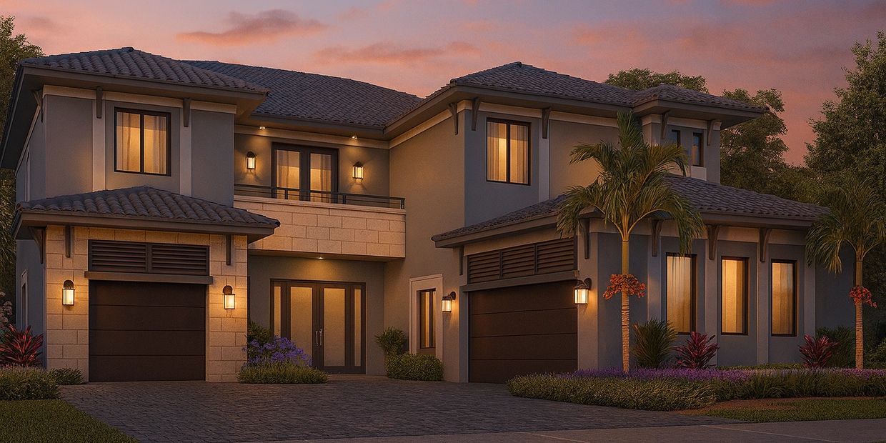 A modern two-story house with warm lighting at dusk.