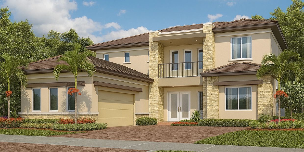 Modern two-story beige house with a tiled roof and palm trees.
